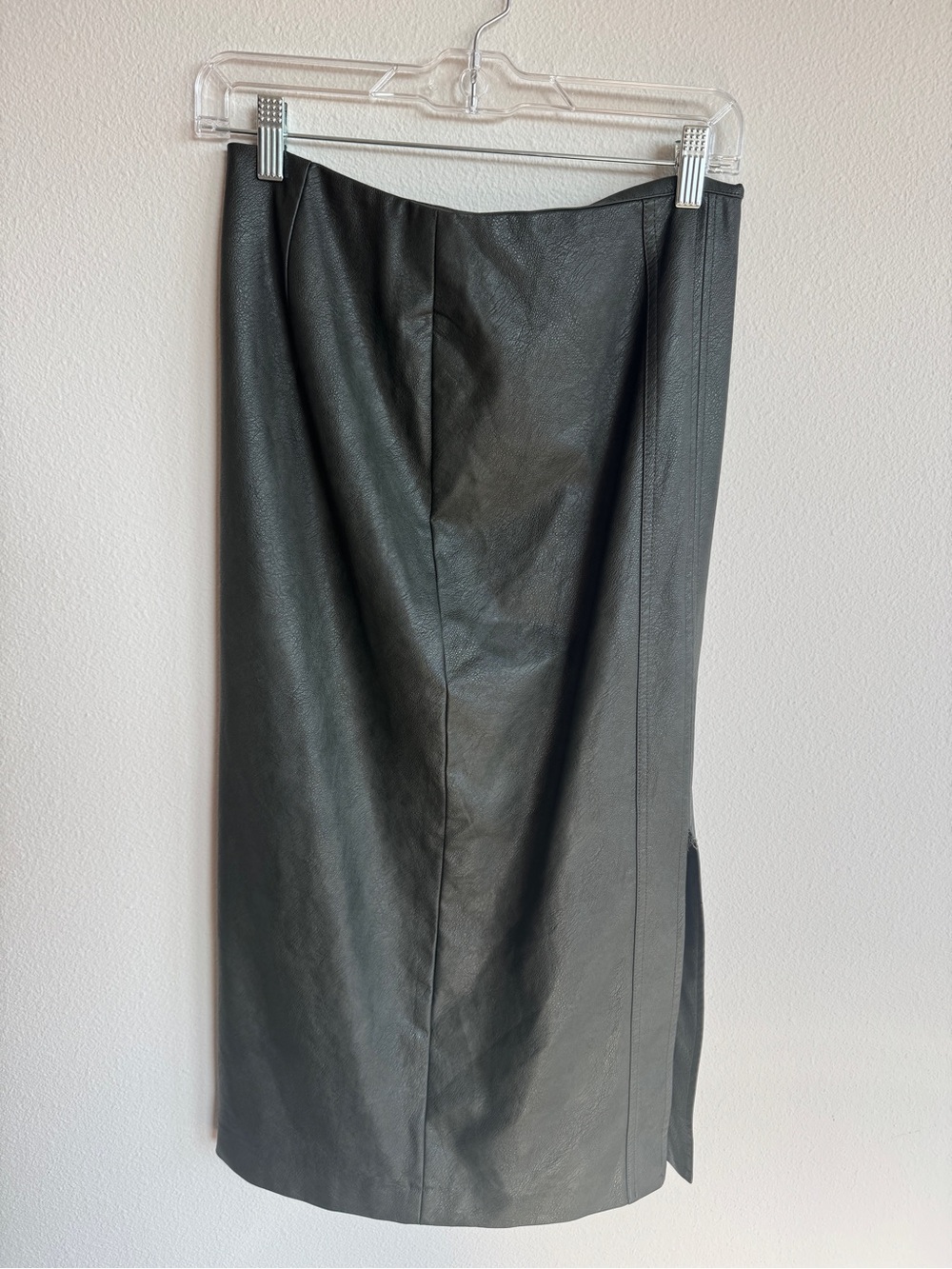 Hidden Forest Market Black Faux Leather Midi Skirt with Side Slit
